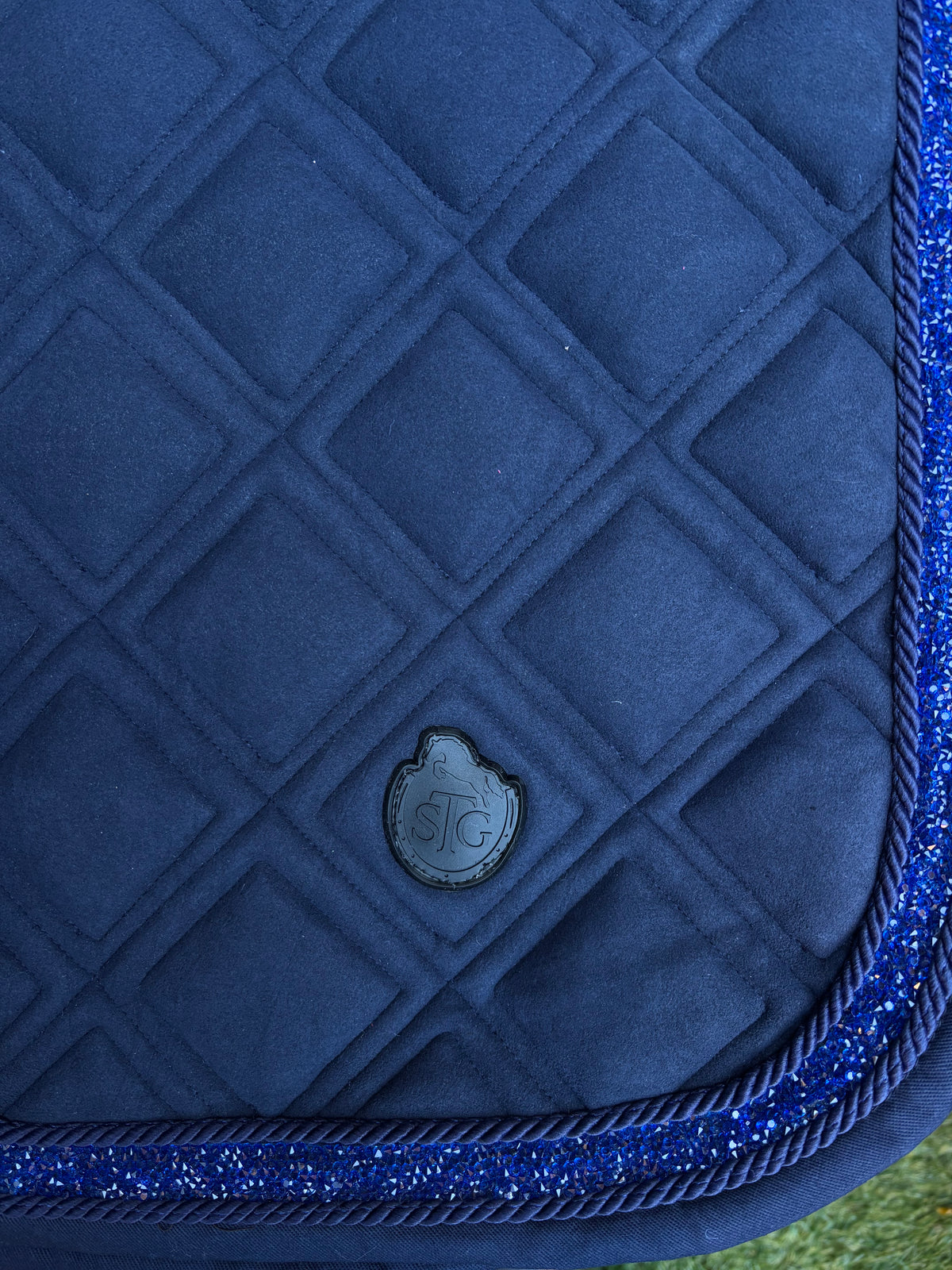 Sapphire Glow Dressage Saddle Pad | Navy Blue Suede Saddle Pad with Rhinestone Trim | Quilted