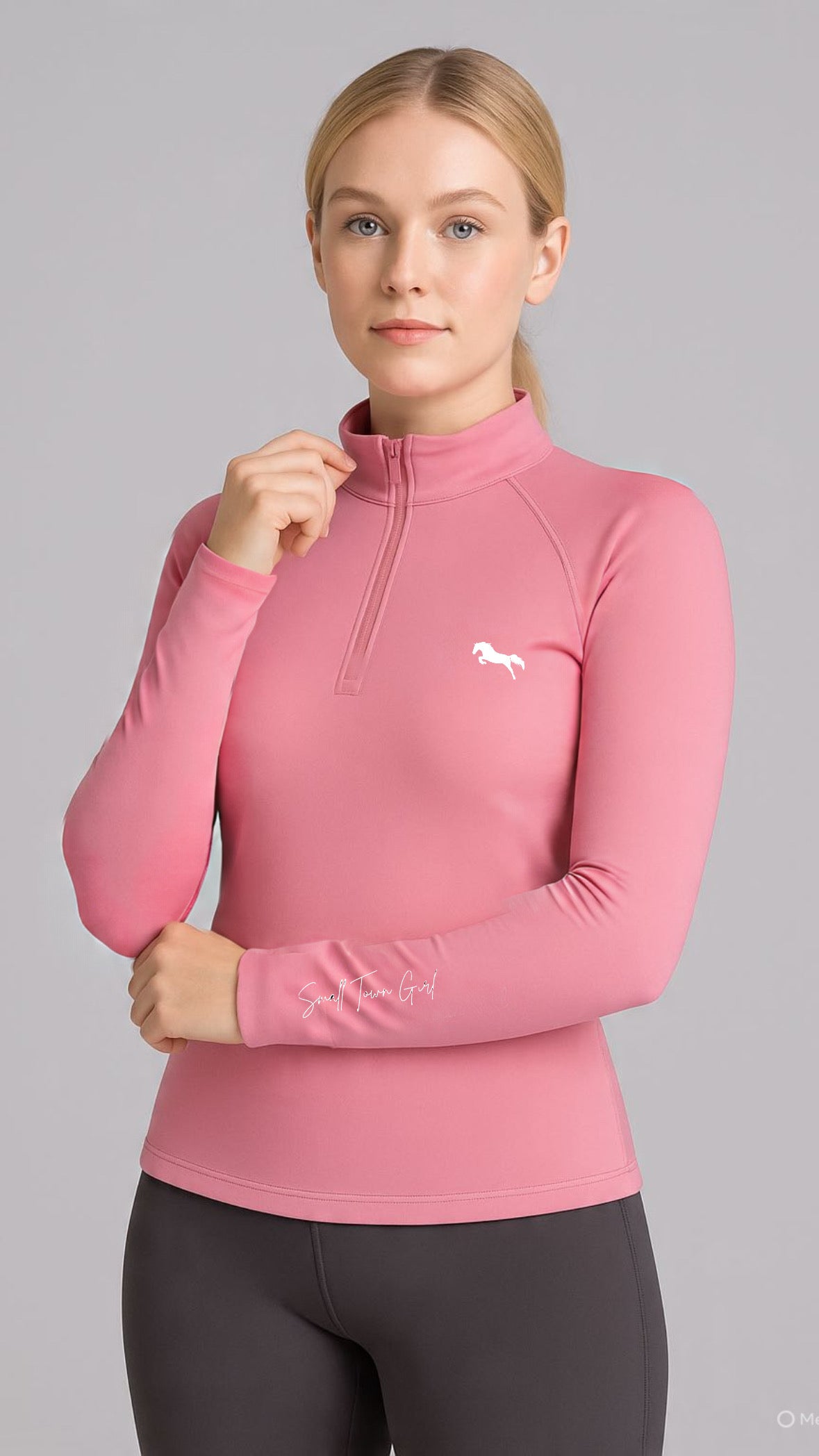 EQUESTRIAN ππππ πππππ LONG SLEEVE | PINK WITH WHITE LOGO PRINT TECHNICAL STRETCH