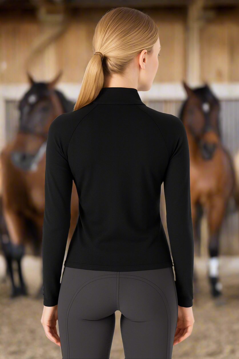 EQUESTRIAN ππππ πππππ LONG SLEEVE | BLACK WITH PURPLE SILICONE PRINT TECHNICAL STRETCH