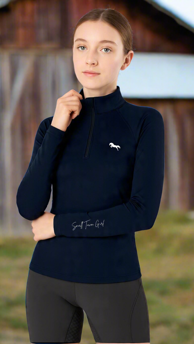 EQUESTRIAN ππππ πππππ LONG SLEEVE | NAVY BLUE WITH WHITE LOGO PRINT TECHNICAL STRETCH