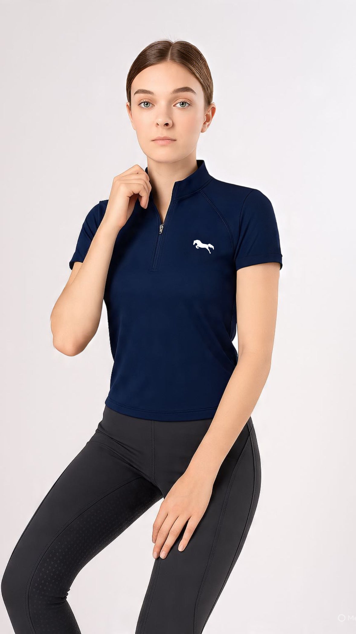 EQUESTRIAN ππππ πππππ SHORT SLEEVE | NAVY BLUE WITH WHITE LOGO PRINT TECHNICAL STRETCH