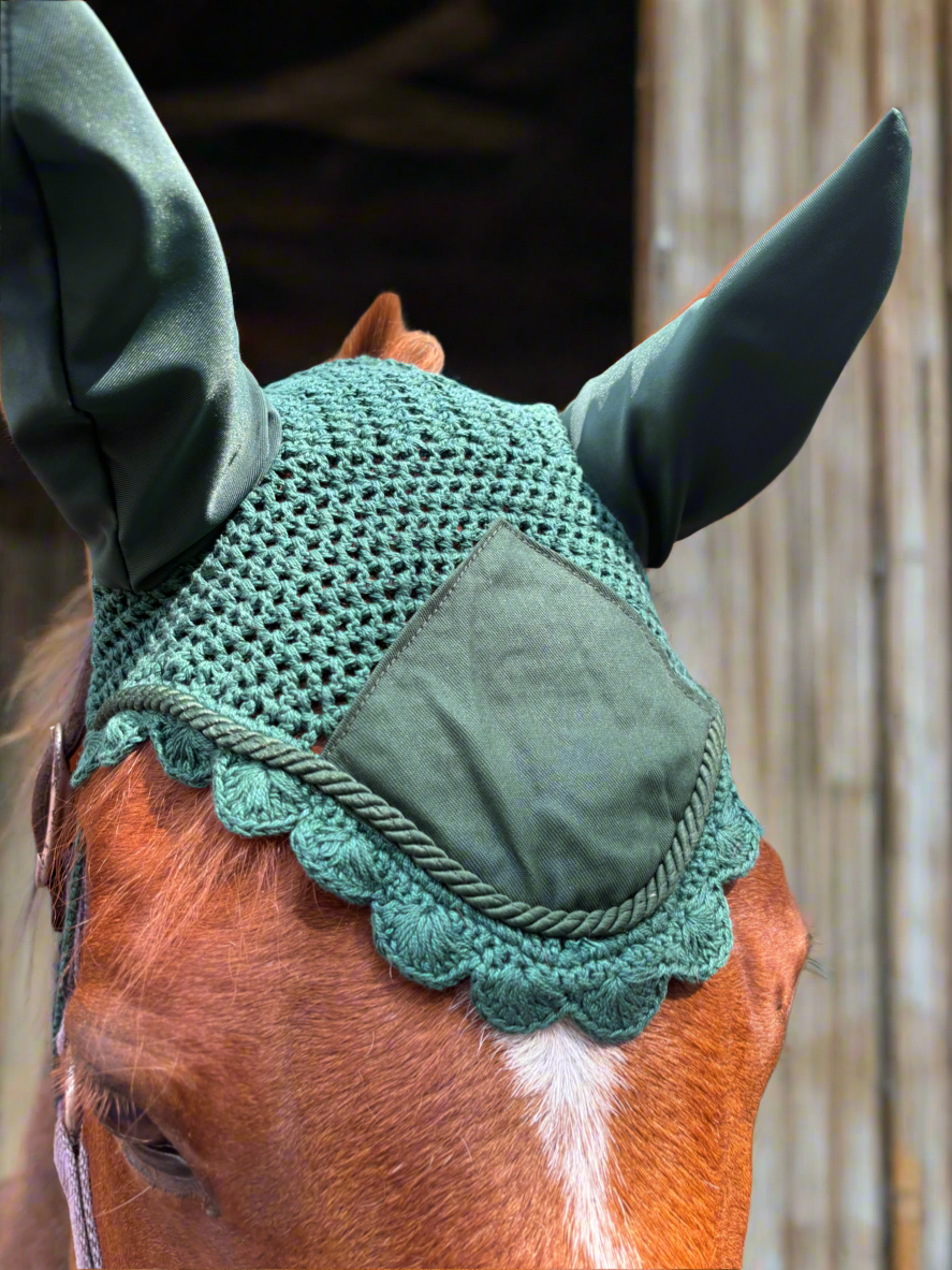 Dark Green Crochet Horse Ear Bonnet – Elegant Equestrian Fly Veil