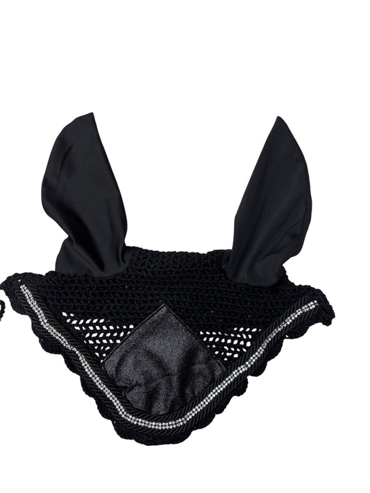 Black Glitter Horse Ear Bonnet – Rhinestone Trim