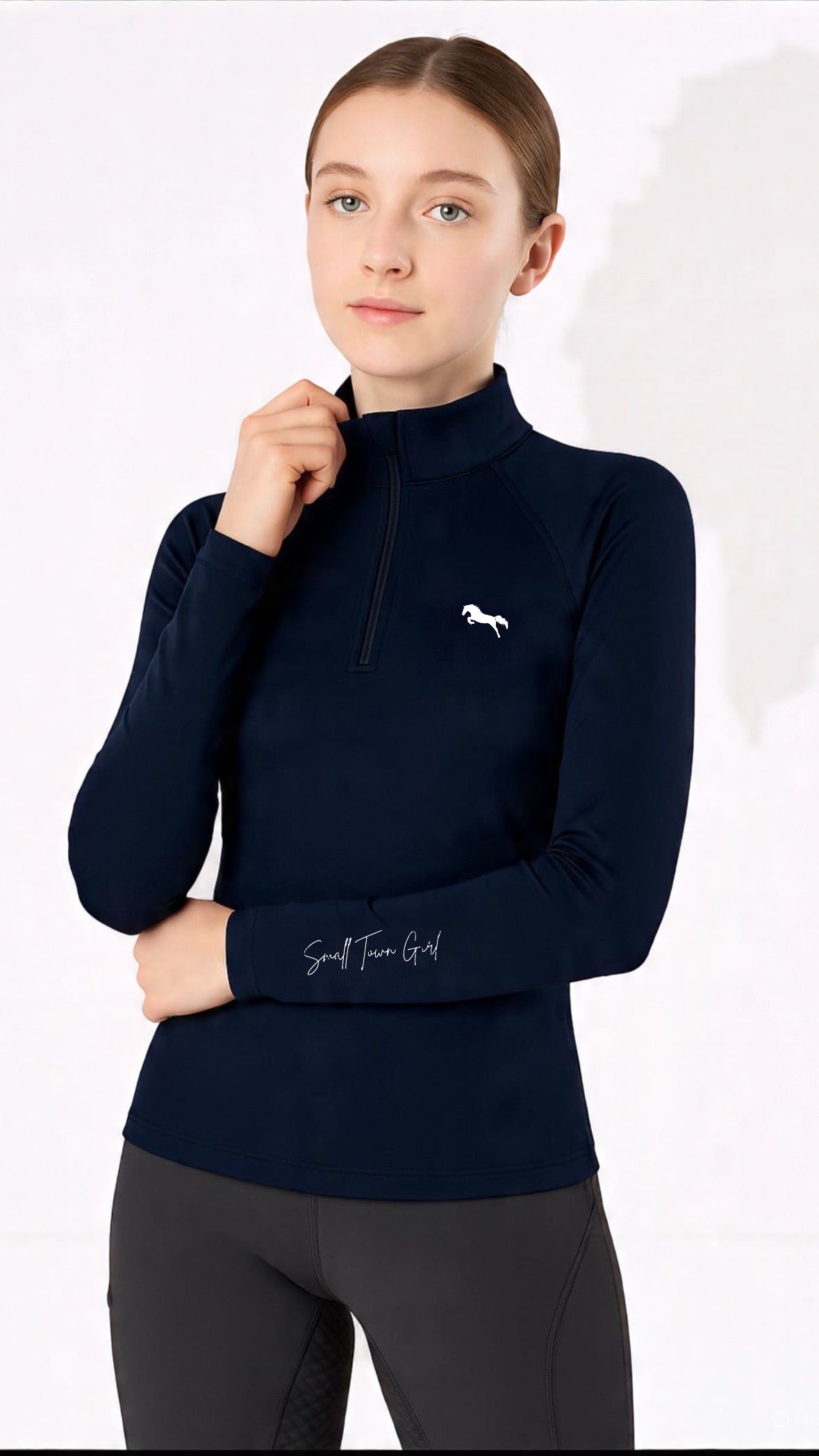 EQUESTRIAN ππππ πππππ LONG SLEEVE | NAVY BLUE WITH WHITE LOGO PRINT TECHNICAL STRETCH