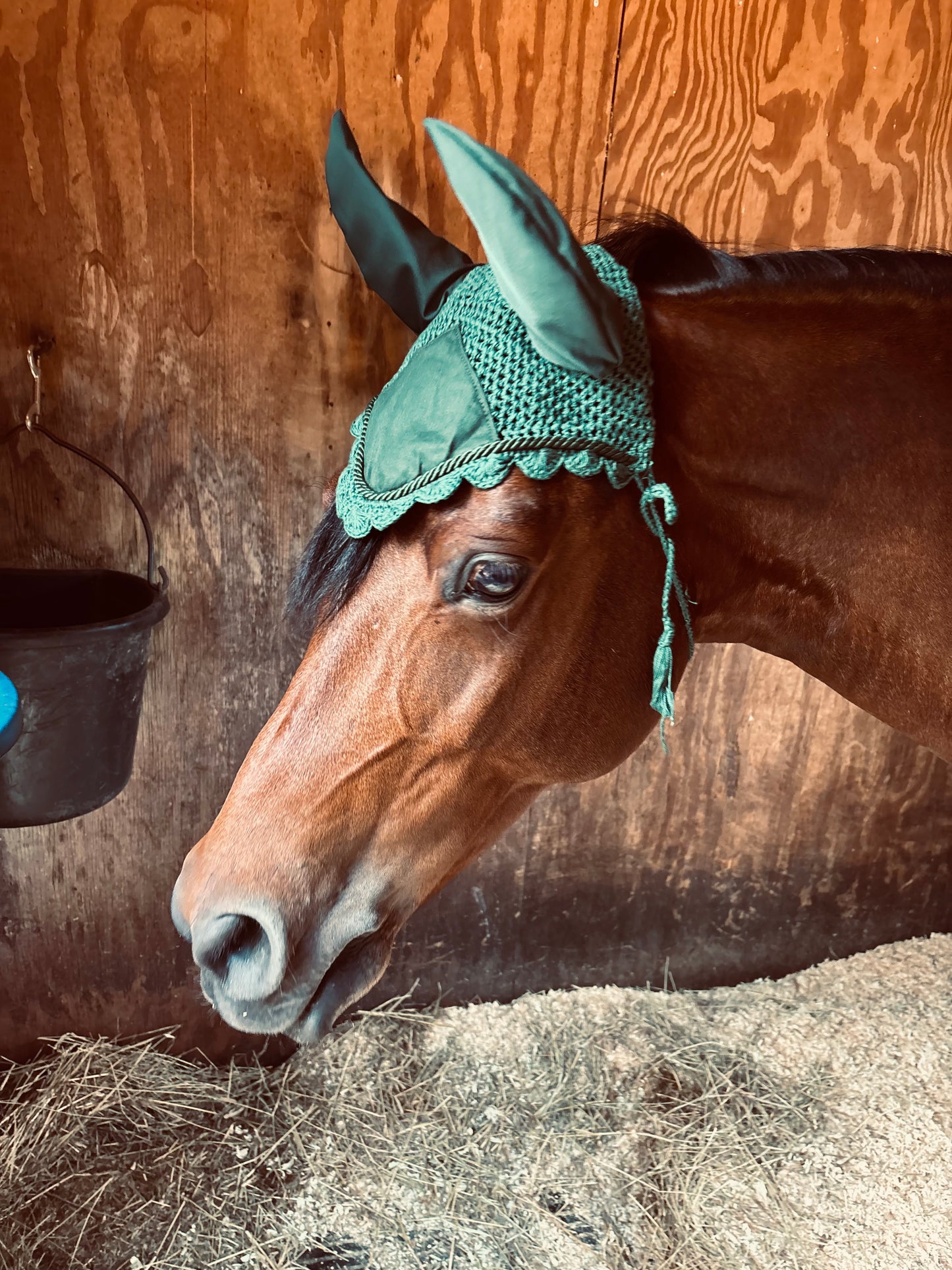Dark Green Crochet Horse Ear Bonnet – Elegant Equestrian Fly Veil