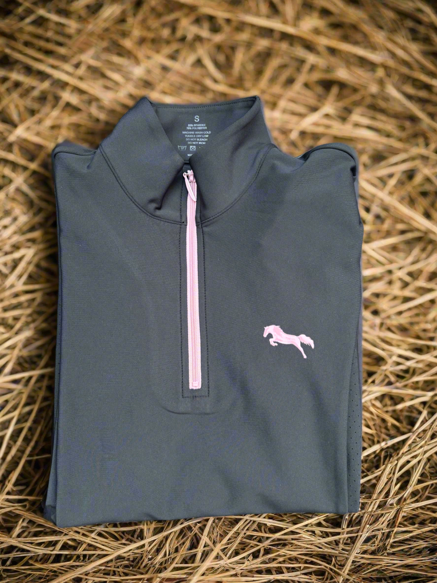 EQUESTRIAN ππππ πππππ LONG SLEEVE | BLACK WITH BUBBLEGUM PINK ZIPPER TECHNICAL STRETCH