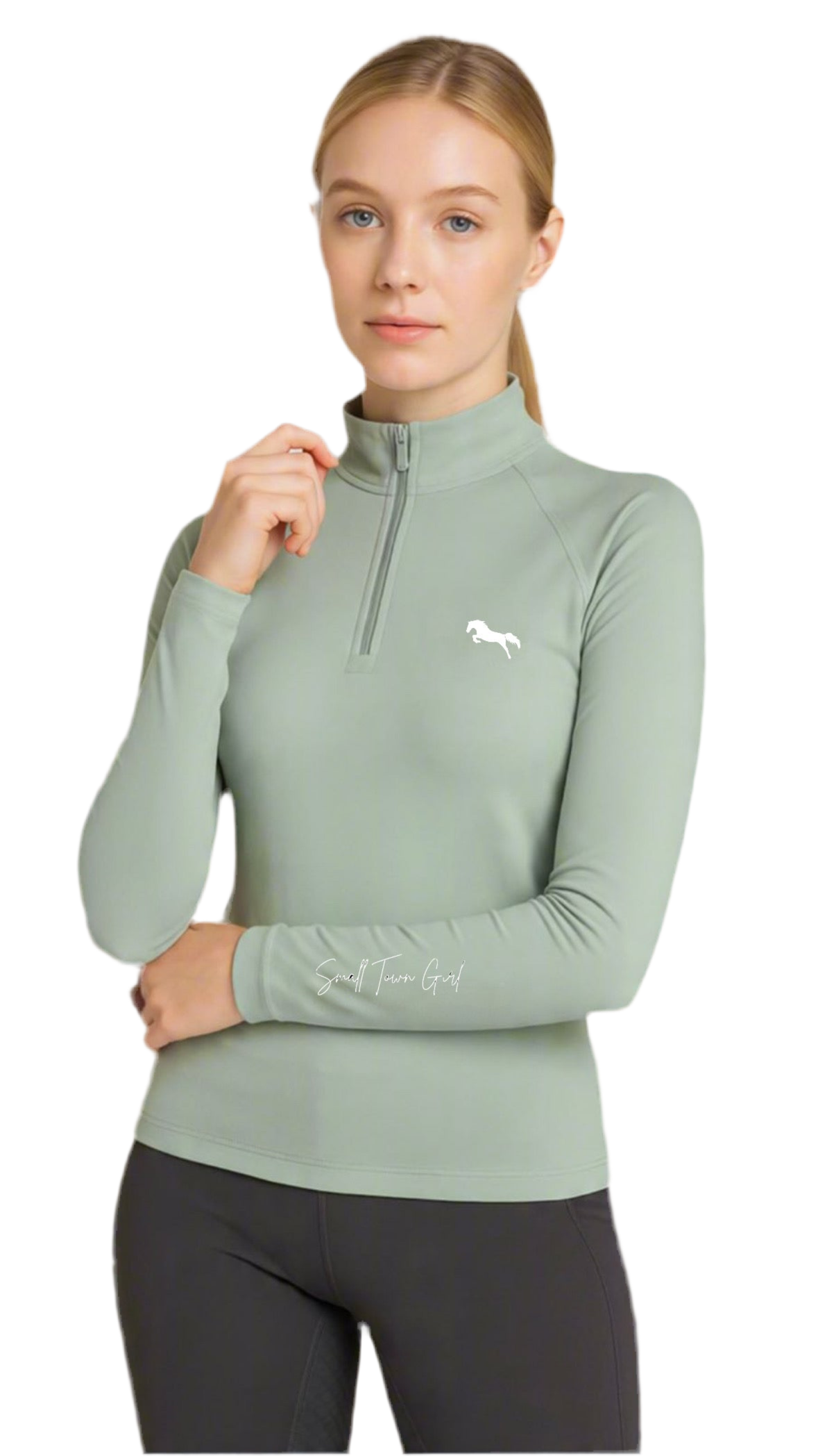 EQUESTRIAN ππππ πππππ LONG SLEEVE | MINT GREEN WITH WHITE LOGO PRINT TECHNICAL STRETCH