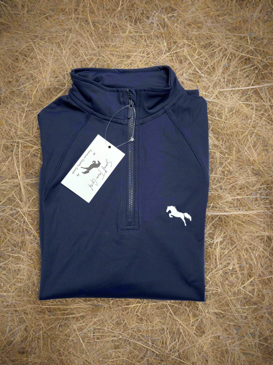 EQUESTRIAN ππππ πππππ LONG SLEEVE | NAVY BLUE WITH WHITE LOGO PRINT TECHNICAL STRETCH