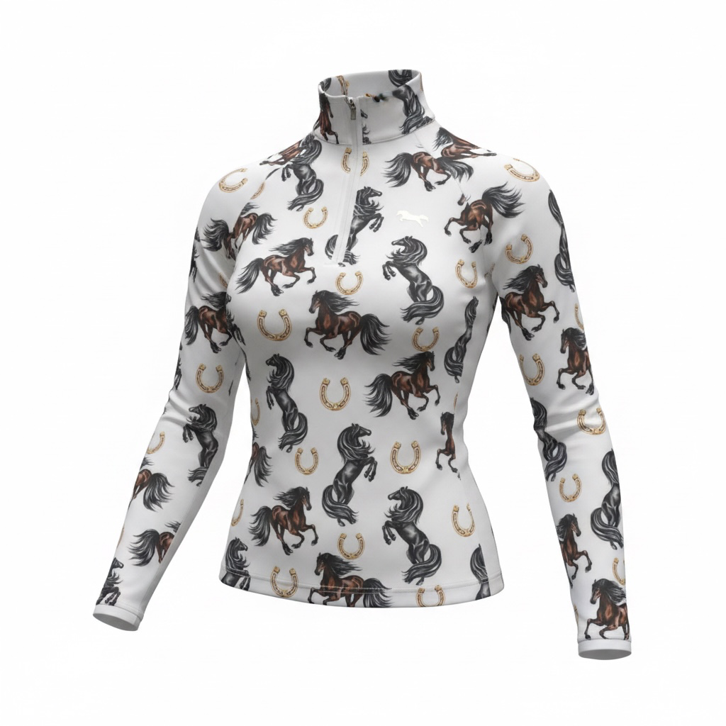 EQUESTRIAN šššš ššššš LONG SLEEVE | GALLOPING HORSES PRINT WITH GOLD HORSESHOES | TECHNICAL STRETCH & MESH VENTILATION
