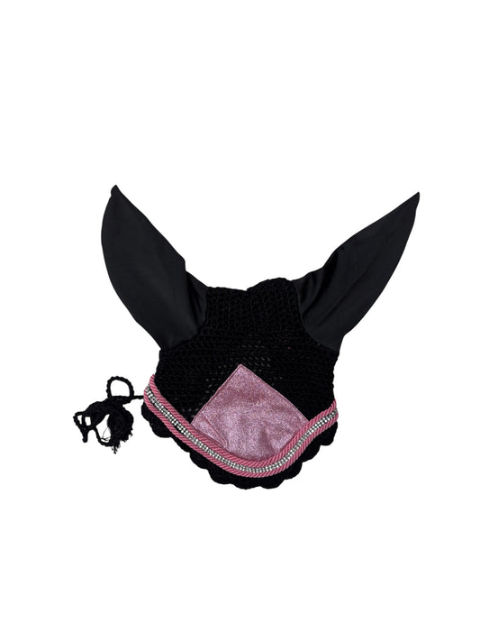 Black & Pink Glitter Horse Ear Bonnet with Rhinestone Trim
