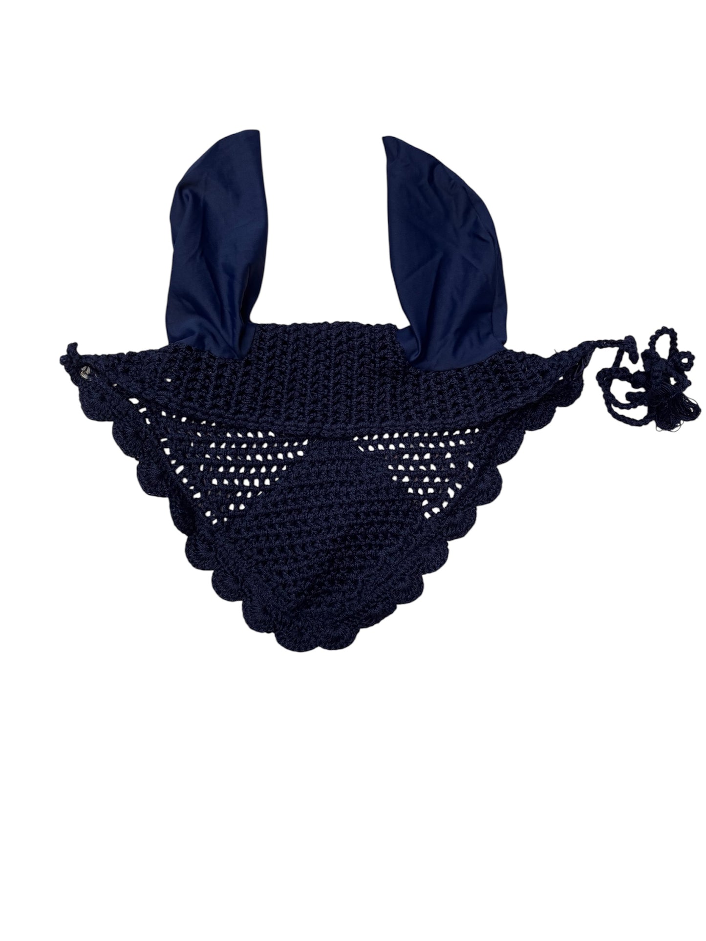 Navy Blue Crochet Horse Ear Bonnet – Elegant Equestrian Fly Veil