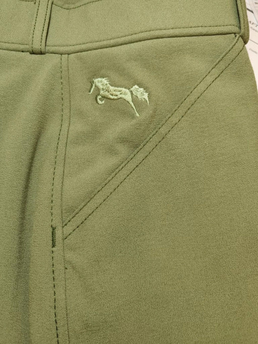 Classic Olive Green Equestrian Breeches – Medium-Waist Riding Pants with Tan Knee Patches, Black Ankle Cuffs & Signature Embroidered Logo