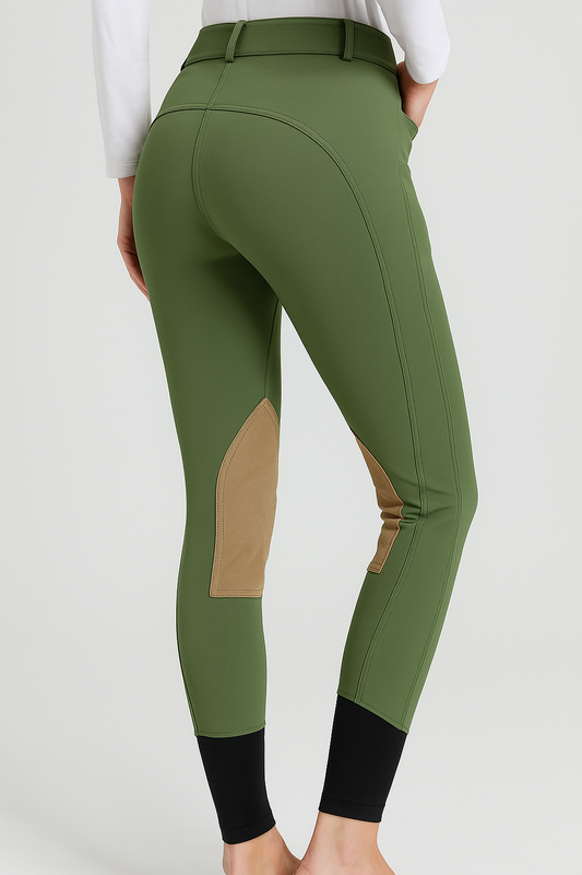 Classic Olive Green Equestrian Breeches – Medium-Waist Riding Pants with Tan Knee Patches, Black Ankle Cuffs & Signature Embroidered Logo