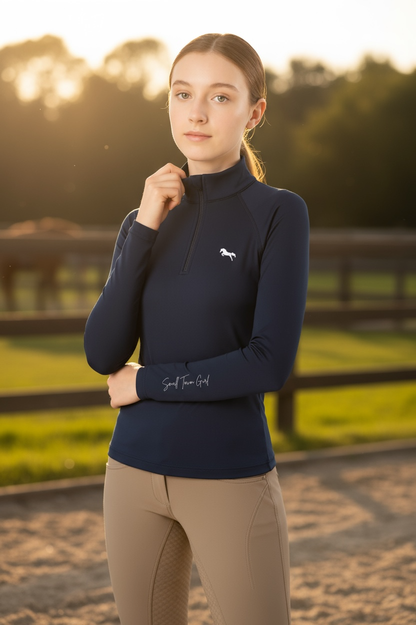 EQUESTRIAN ππππ πππππ LONG SLEEVE | NAVY BLUE WITH WHITE LOGO PRINT TECHNICAL STRETCH