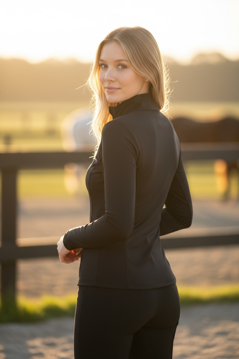 EQUESTRIAN ππππ πππππ LONG SLEEVE | BLACK WITH PURPLE SILICONE PRINT TECHNICAL STRETCH