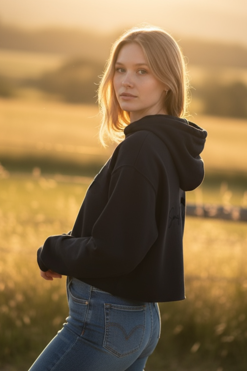 Babydoll Black Cropped hoodie - with black silicone print