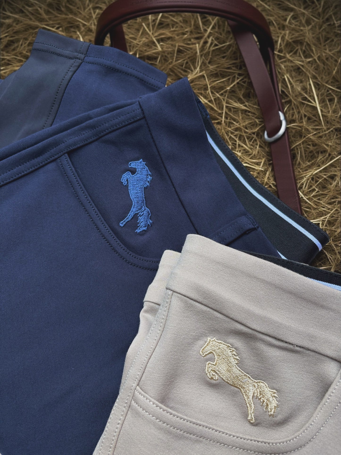 Classic Beige Equestrian Breeches – Medium-Waist Riding Pants with Tan Knee Patches, Black Ankle Cuffs & Signature Embroidered Logo