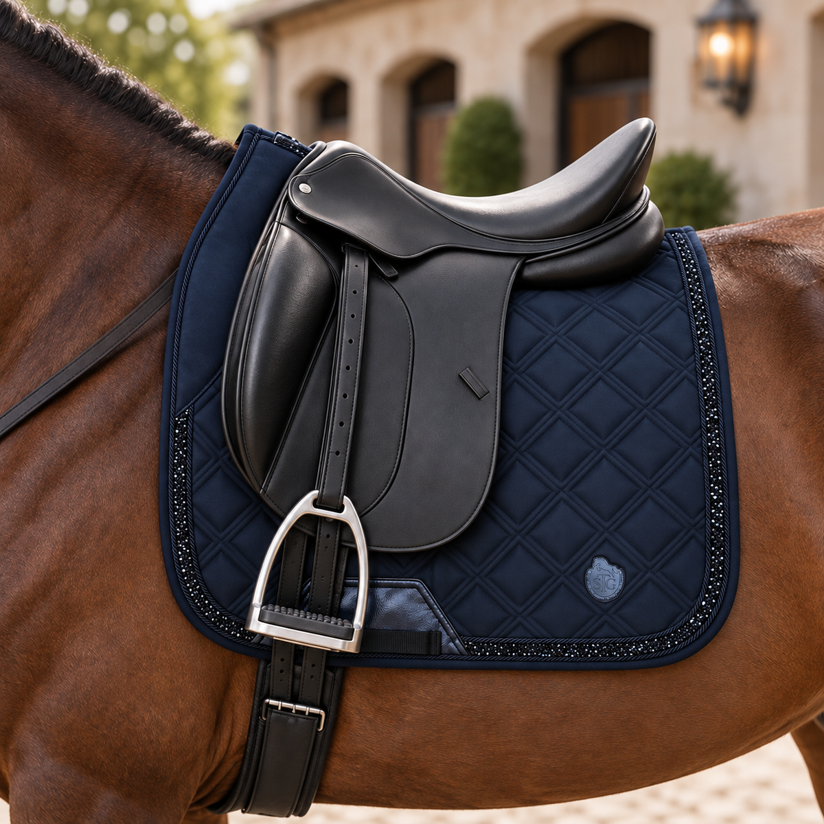 Black Diamond Dressage Saddle Pad | Black Suede & Rhinestone Trim