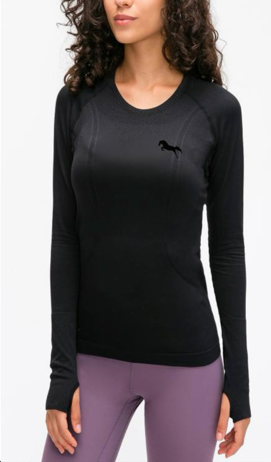 BLACK SEAMLESS- Long Sleeve Riding Shirts-WITH THUMBHOLES