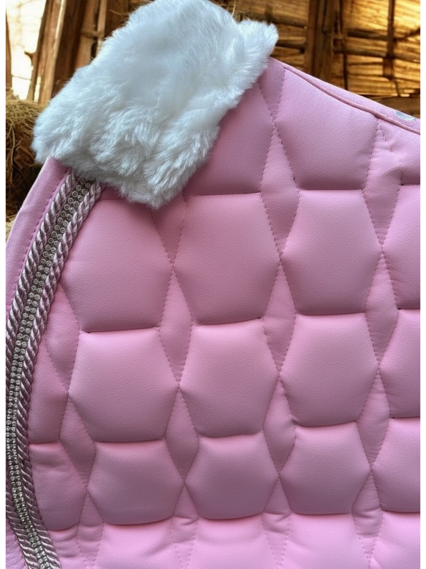 Babydoll Pink Suede Saddle Pad with Rhinestone Trim & Pink Faux Leather Patch