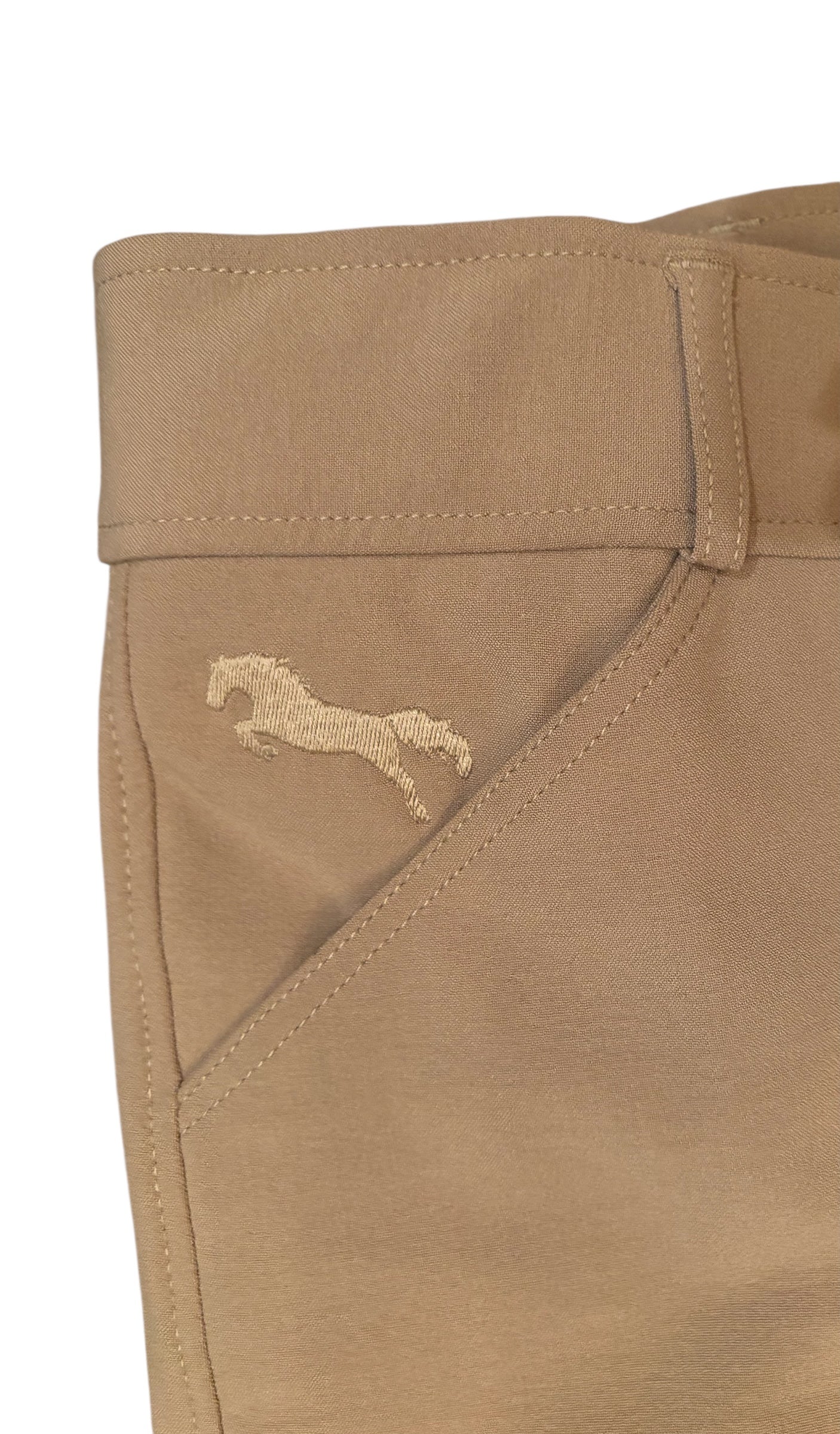 Pro Performance Competition Breeches – Beige | Medium-Rise with Tan Knee Patches & Black Ankle Cuffs & Signature Embroidered Logo