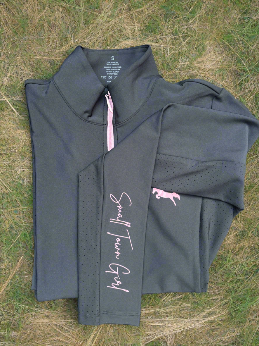 EQUESTRIAN 𝐁𝐀𝐒𝐄 𝐋𝐀𝐘𝐄𝐑 LONG SLEEVE | BLACK WITH BUBBLEGUM PINK ZIPPER TECHNICAL STRETCH