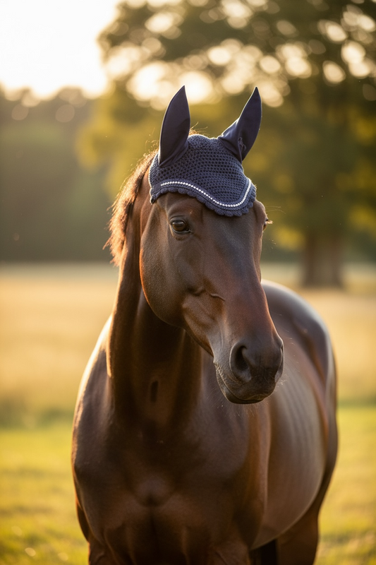 Blue Windsor Ear Bonnet – Rhinestone Trim