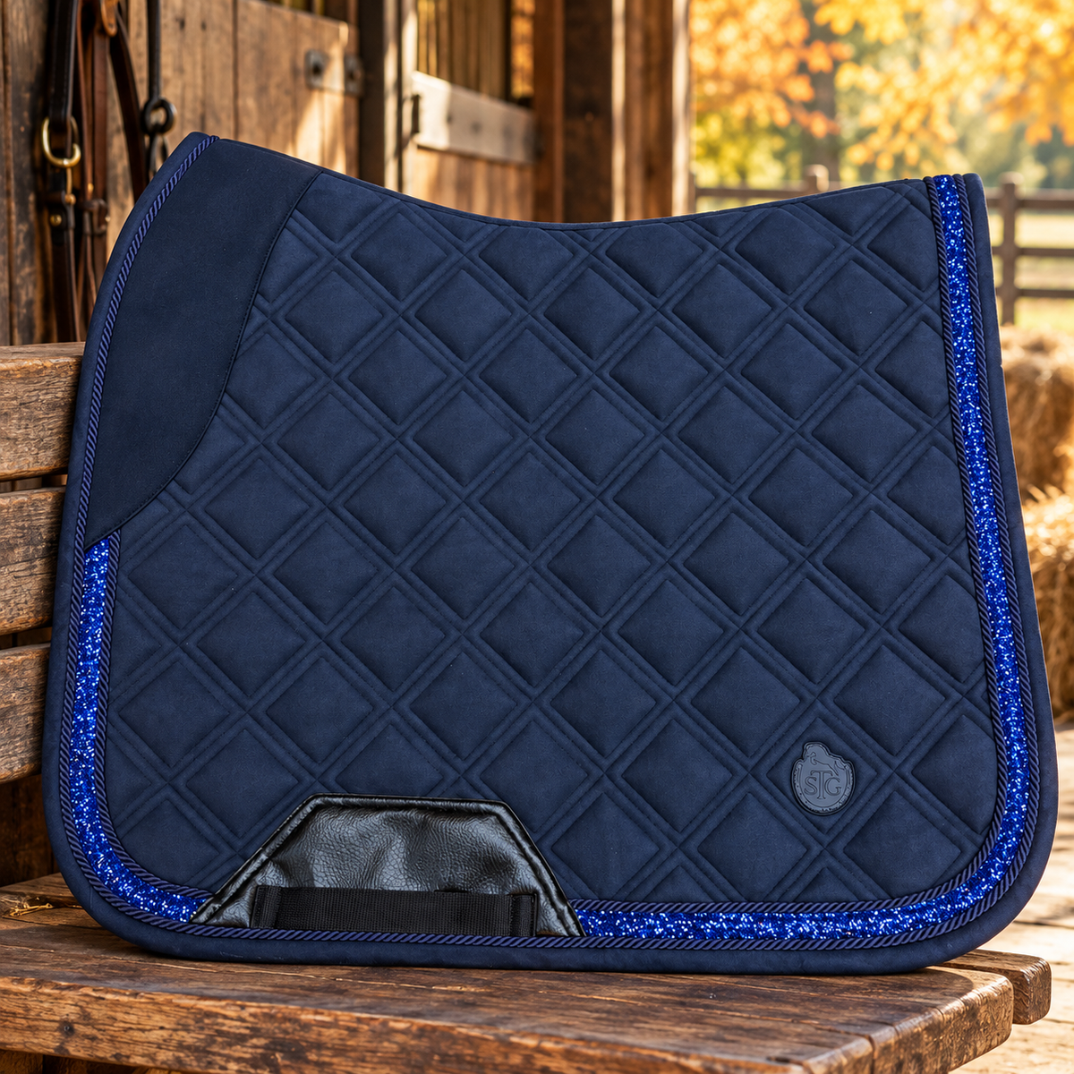 Sapphire Glow Dressage Saddle Pad | Navy Blue Suede Saddle Pad with Rhinestone Trim | Quilted
