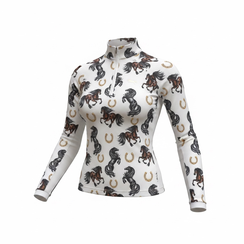 EQUESTRIAN 𝐁𝐀𝐒𝐄 𝐋𝐀𝐘𝐄𝐑 LONG SLEEVE | GALLOPING HORSES PRINT WITH GOLD HORSESHOES | TECHNICAL STRETCH & MESH VENTILATION