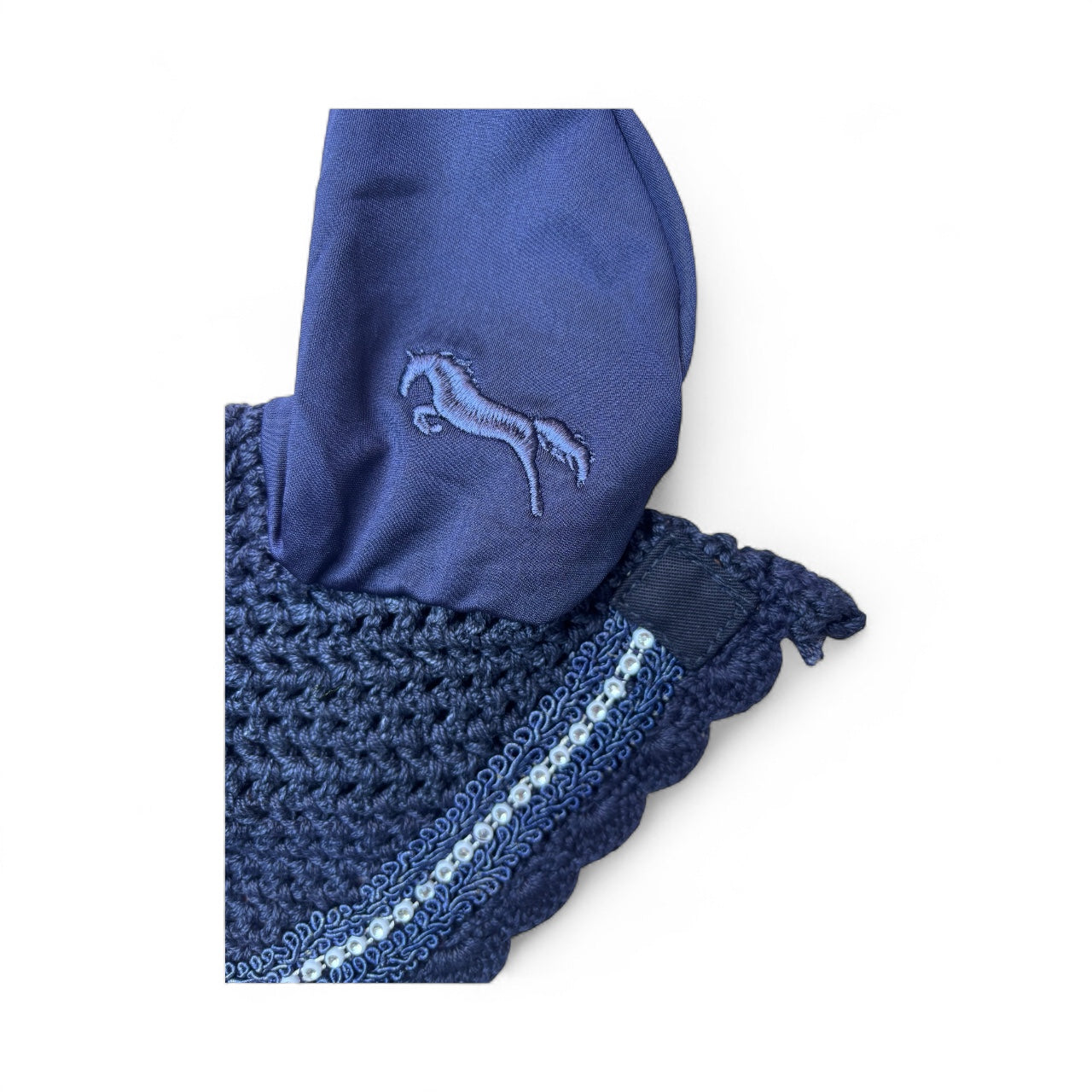 Blue Windsor Ear Bonnet – Rhinestone Trim