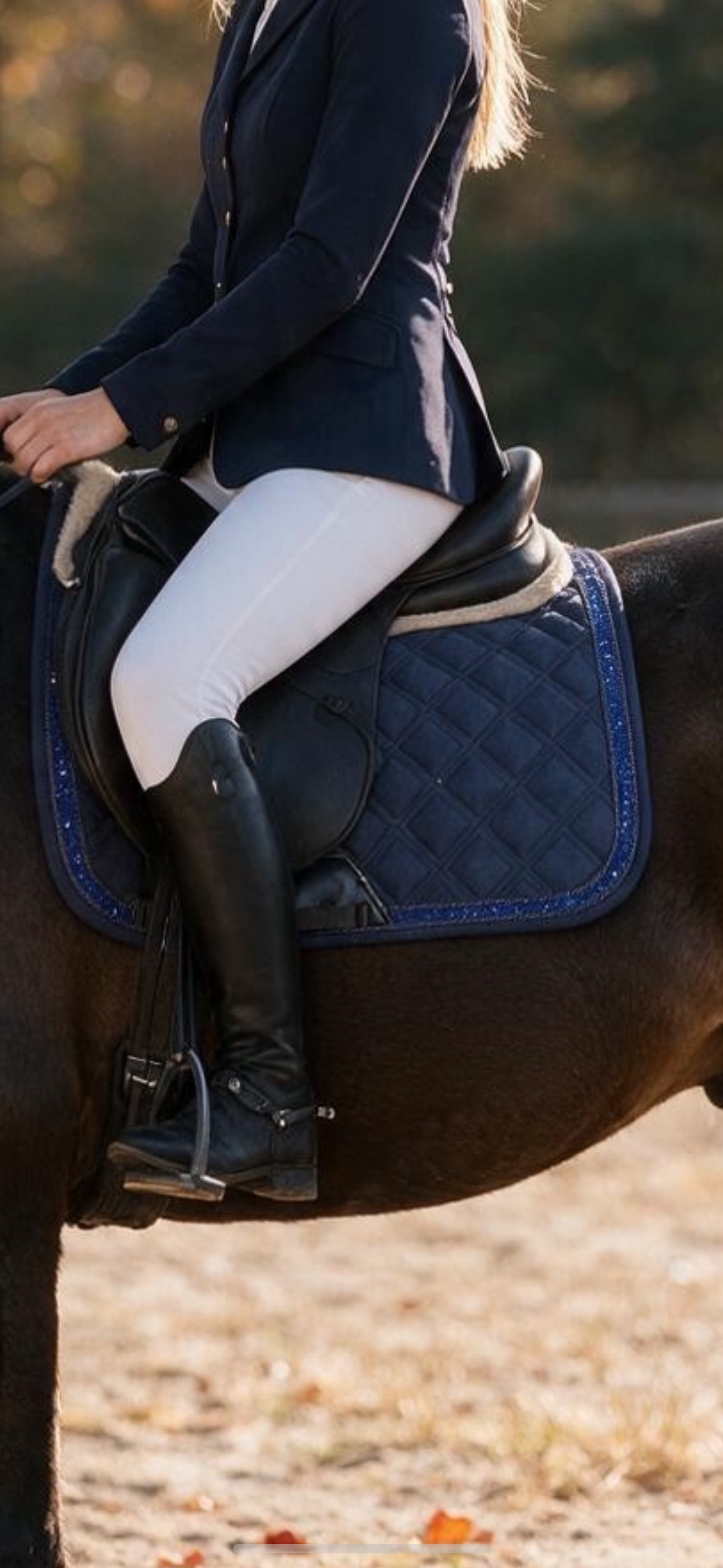 Sapphire Glow Dressage Saddle Pad | Navy Blue Suede Saddle Pad with Rhinestone Trim | Quilted