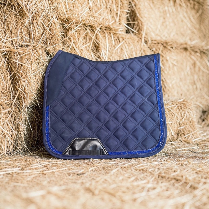 Sapphire Glow Dressage Saddle Pad | Navy Blue Suede Saddle Pad with Rhinestone Trim | Quilted