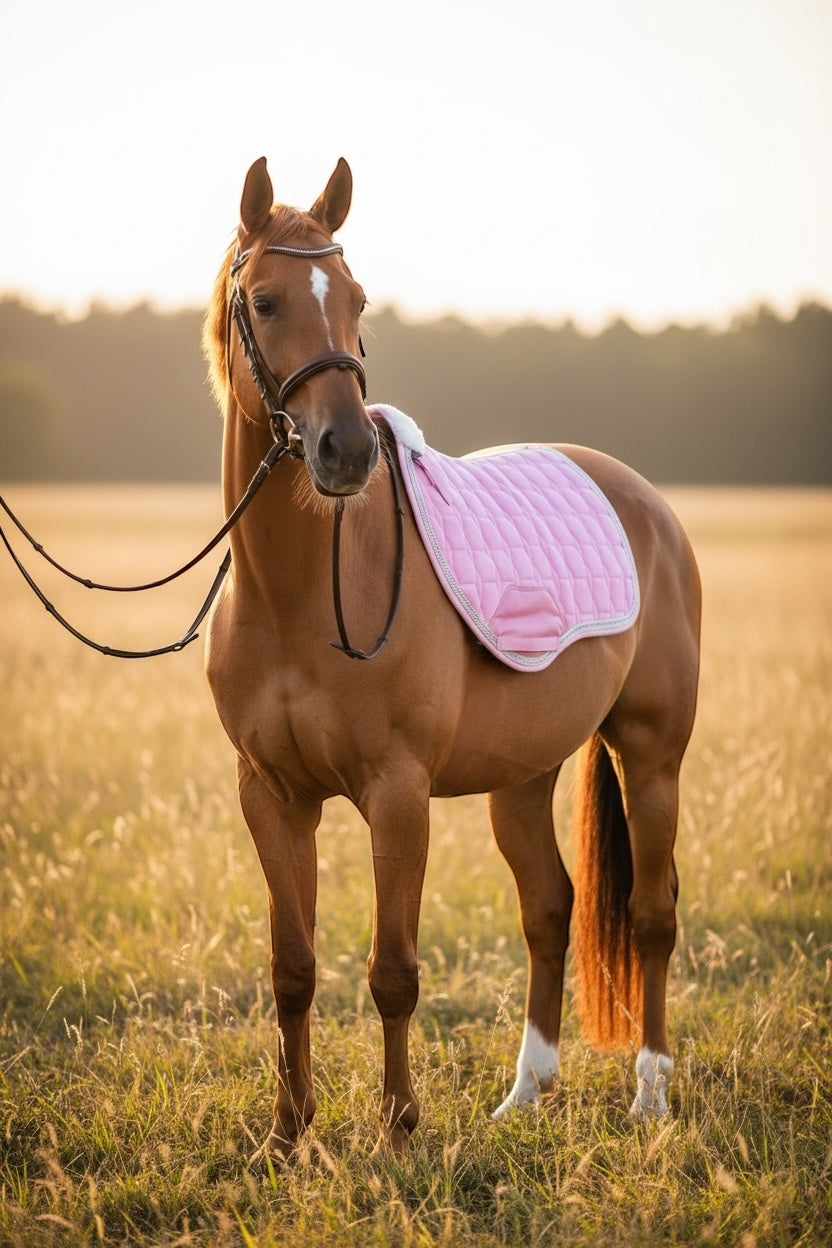 Babydoll Pink Suede Saddle Pad with Rhinestone Trim & Pink Faux Leather Patch