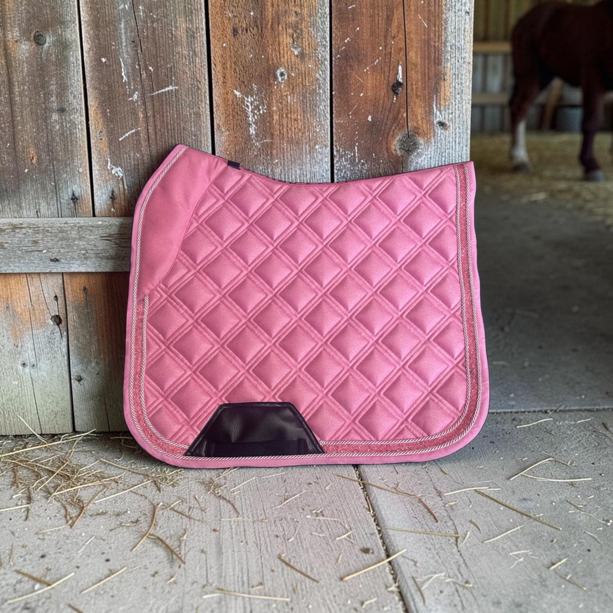 Candy Crush Dressage Saddle Pad | Pink Suede Saddle Pad with Rhinestone Trim | Quilted