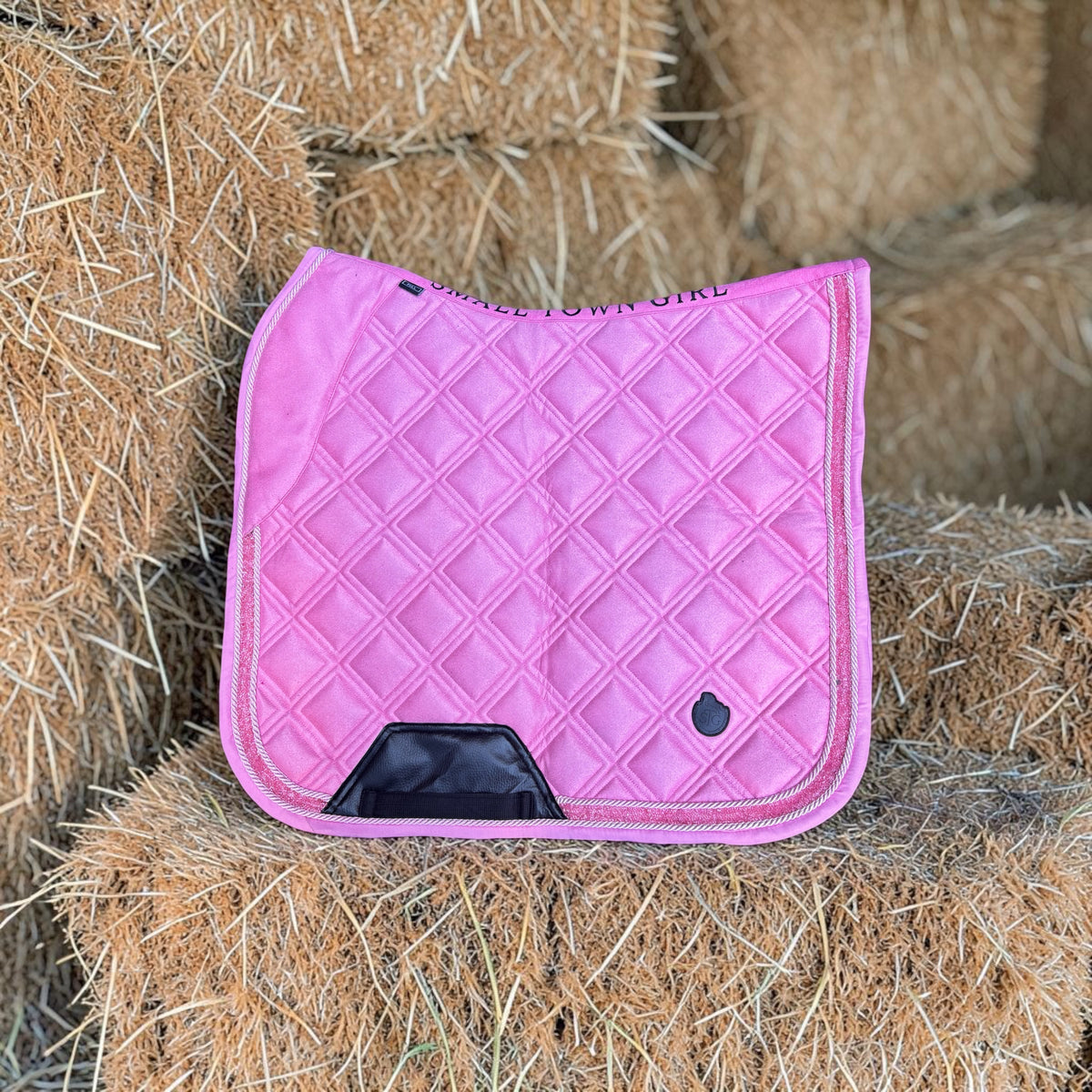 Candy Crush Dressage Saddle Pad | Pink Suede Saddle Pad with Rhinestone Trim | Quilted