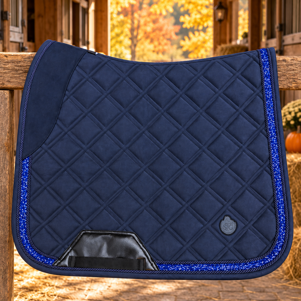 Sapphire Glow Dressage Saddle Pad | Navy Blue Suede Saddle Pad with Rhinestone Trim | Quilted