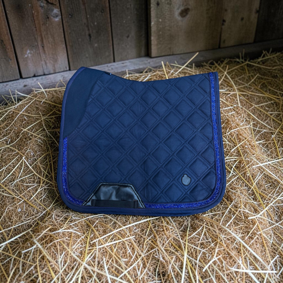 Sapphire Glow Dressage Saddle Pad | Navy Blue Suede Saddle Pad with Rhinestone Trim | Quilted