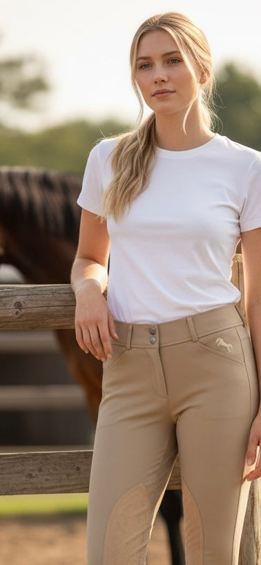 Pro Performance Competition Breeches – Beige | Medium-Rise with Tan Knee Patches & Black Ankle Cuffs & Signature Embroidered Logo