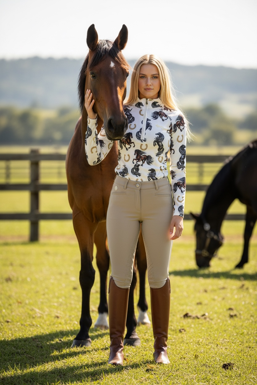 EQUESTRIAN 𝐁𝐀𝐒𝐄 𝐋𝐀𝐘𝐄𝐑 LONG SLEEVE | GALLOPING HORSES PRINT WITH GOLD HORSESHOES | TECHNICAL STRETCH & MESH VENTILATION