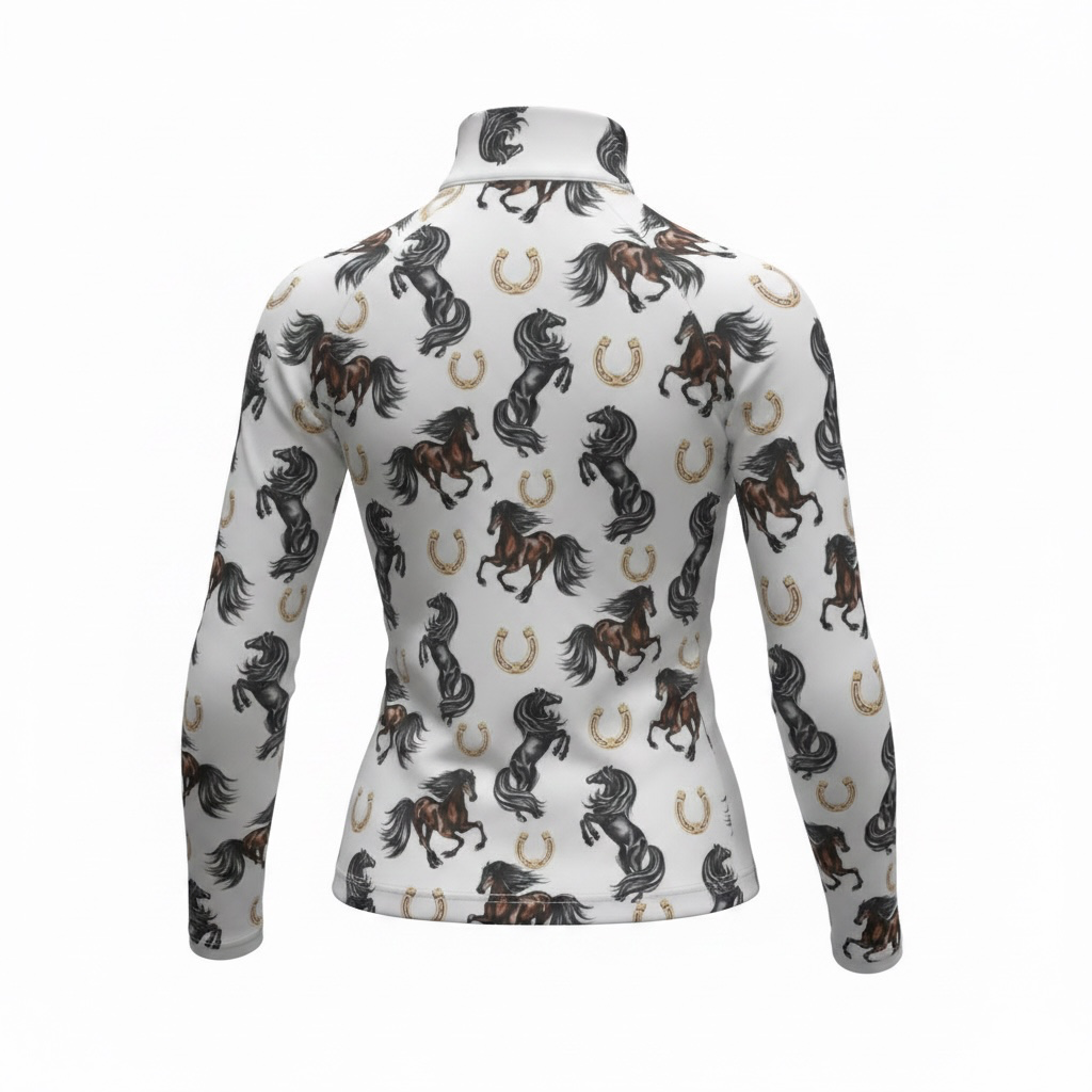 EQUESTRIAN 𝐁𝐀𝐒𝐄 𝐋𝐀𝐘𝐄𝐑 LONG SLEEVE | GALLOPING HORSES PRINT WITH GOLD HORSESHOES | TECHNICAL STRETCH & MESH VENTILATION