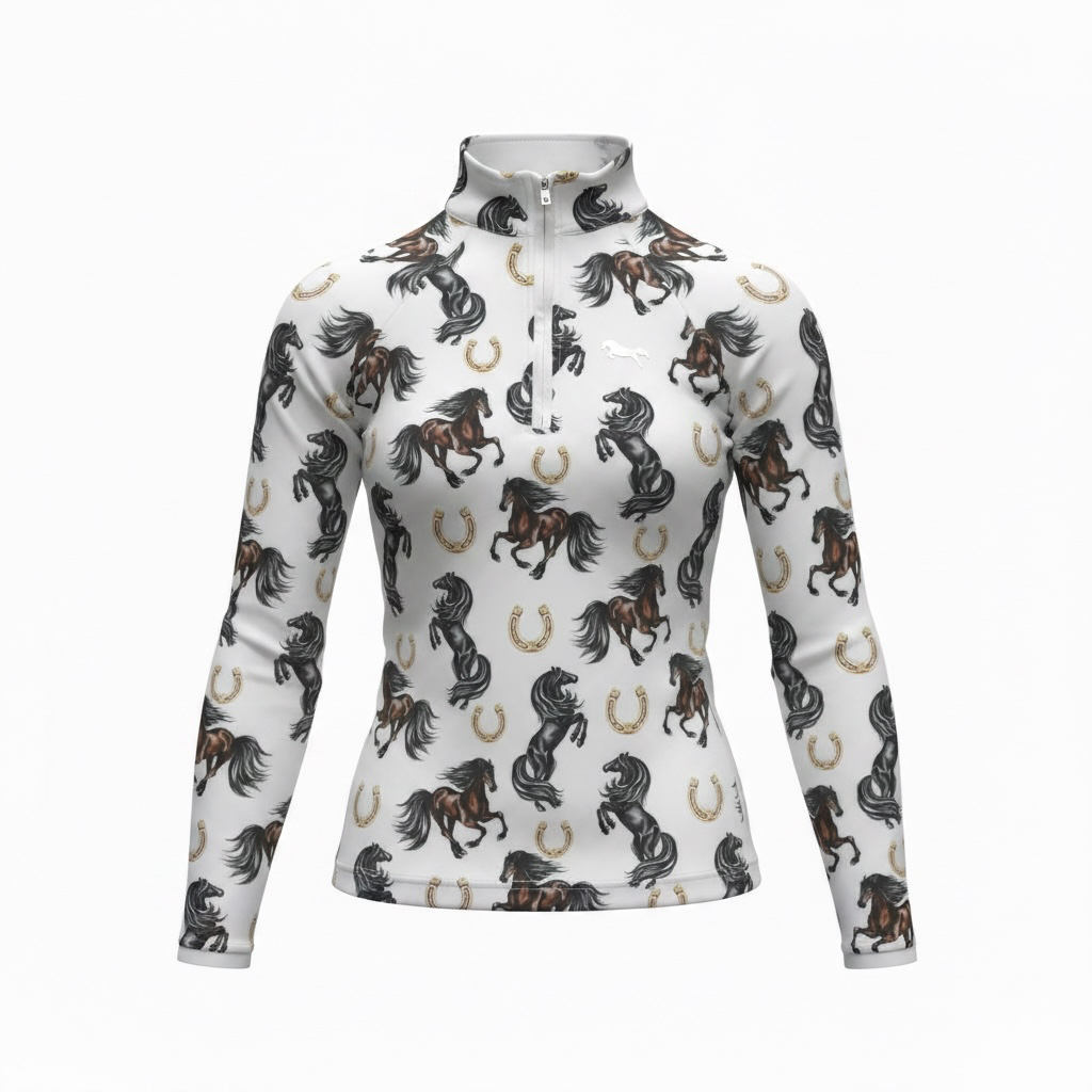 EQUESTRIAN 𝐁𝐀𝐒𝐄 𝐋𝐀𝐘𝐄𝐑 LONG SLEEVE | GALLOPING HORSES PRINT WITH GOLD HORSESHOES | TECHNICAL STRETCH & MESH VENTILATION