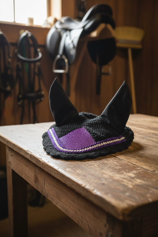 Black & Purple Glitter Horse Ear Bonnet with Rhinestone Trim