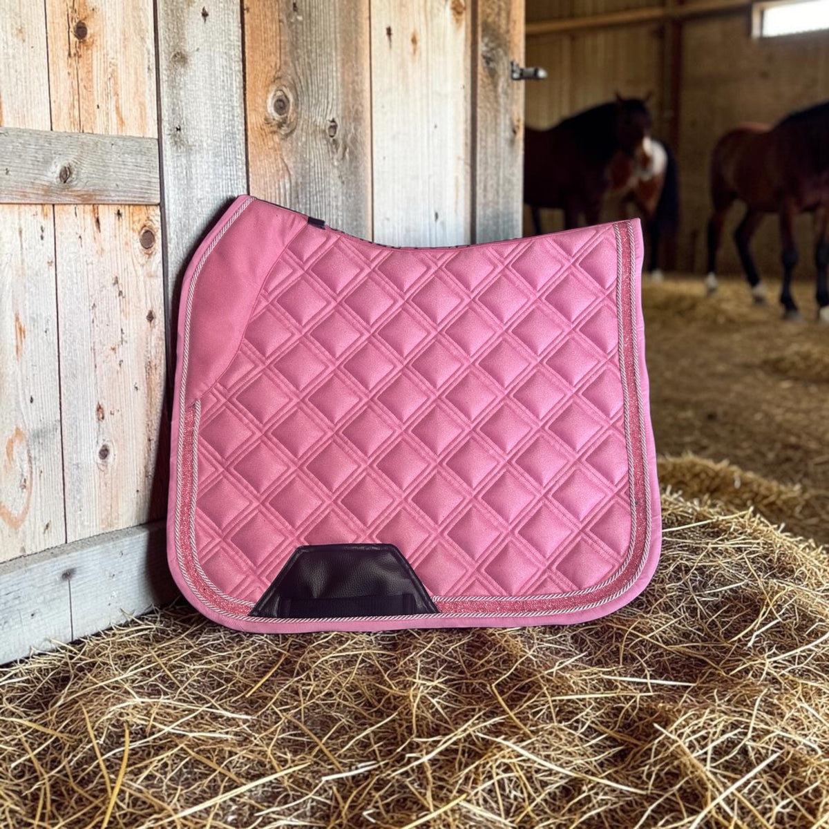 Candy Crush Dressage Saddle Pad | Pink Suede Saddle Pad with Rhinestone Trim | Quilted