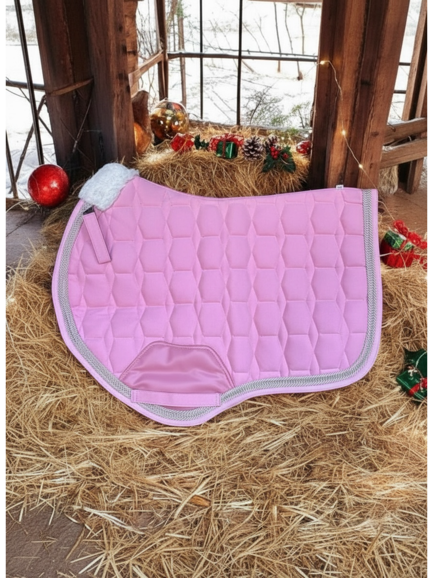 Babydoll Pink Suede Saddle Pad with Rhinestone Trim & Pink Faux Leather Patch