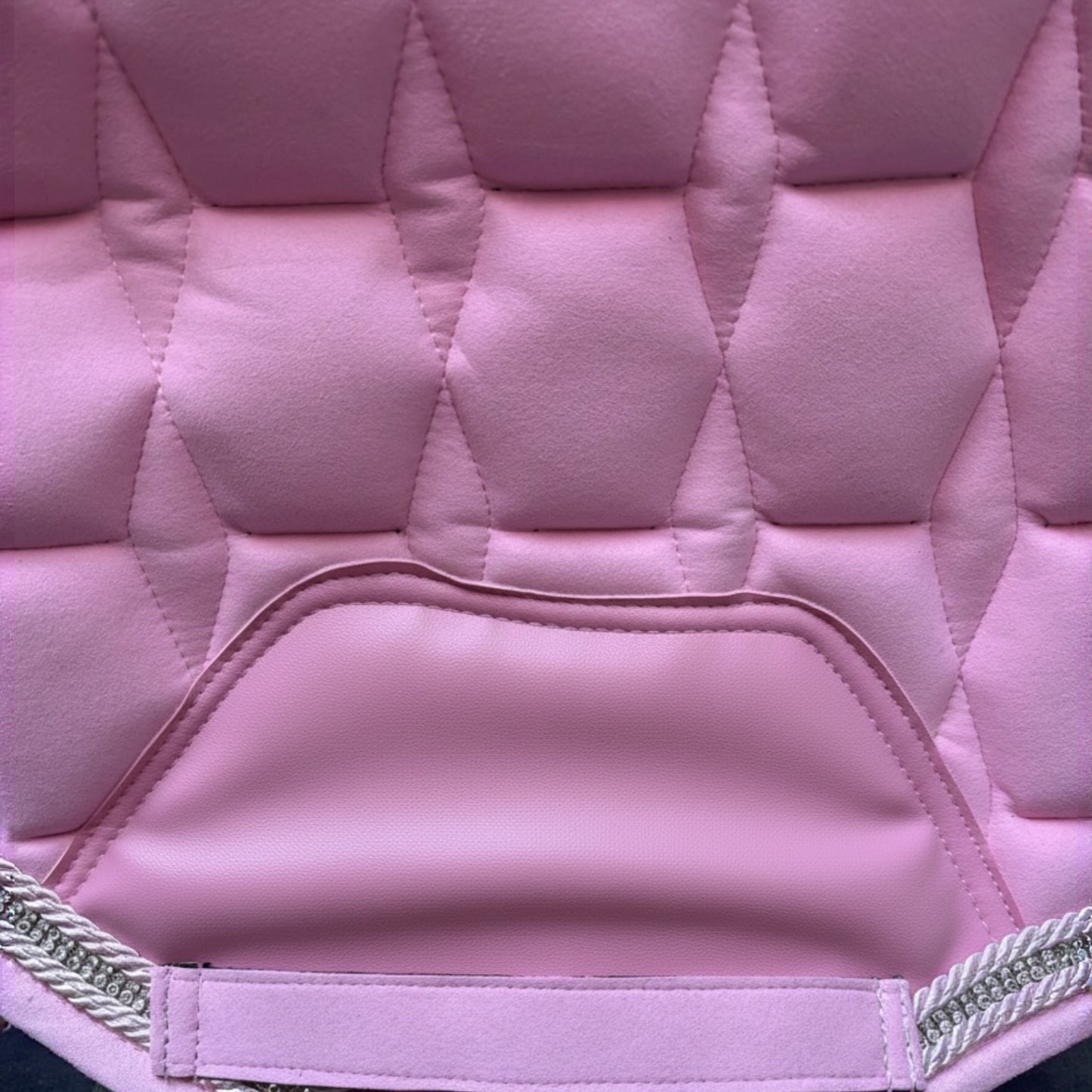 Babydoll Pink Suede Saddle Pad with Rhinestone Trim & Pink Faux Leather Patch