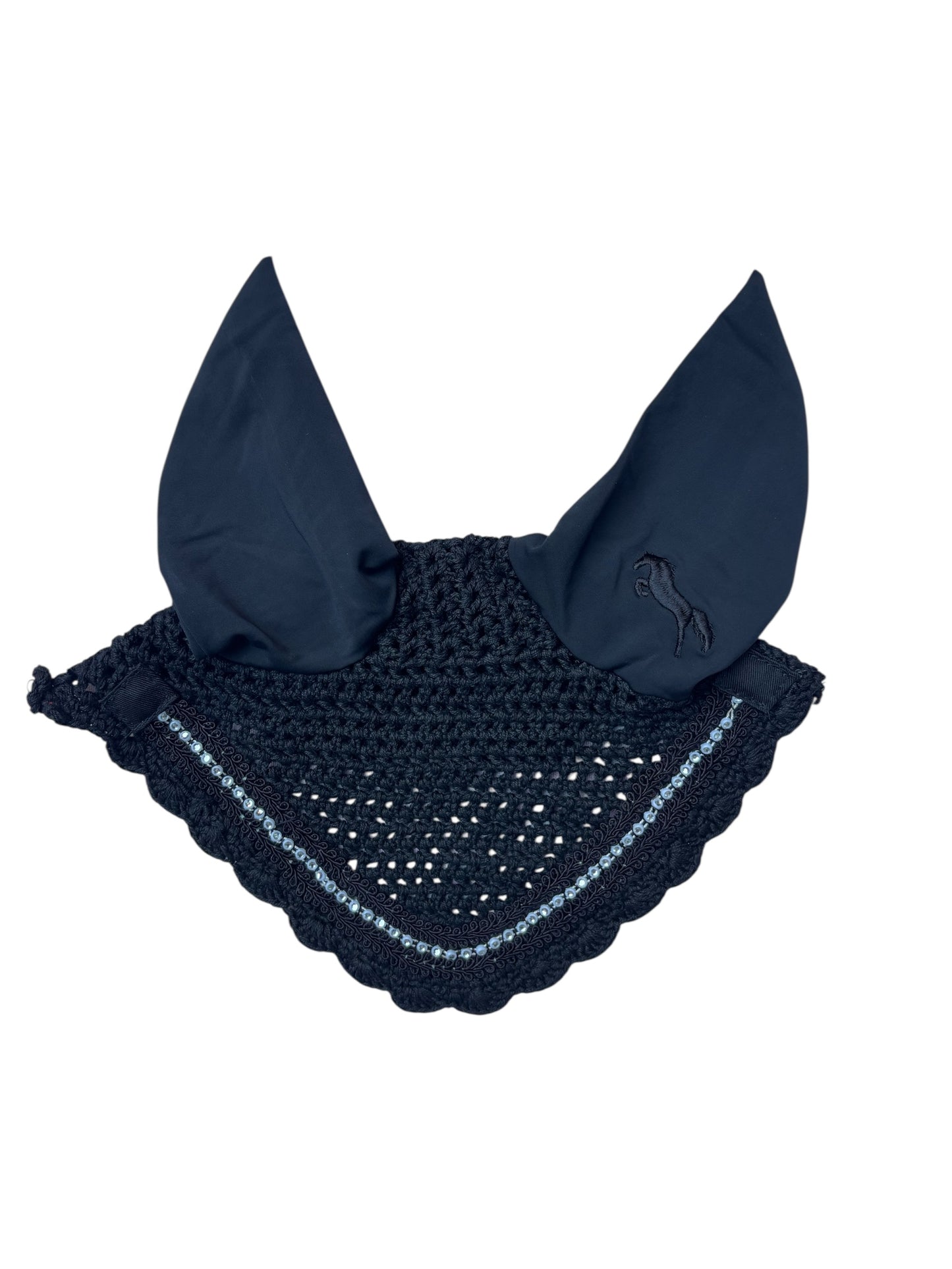 Midnight Black Ear Bonnet -Rhinestone Trim