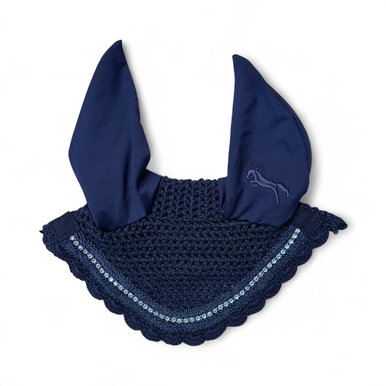 Blue Windsor Ear Bonnet – Rhinestone Trim