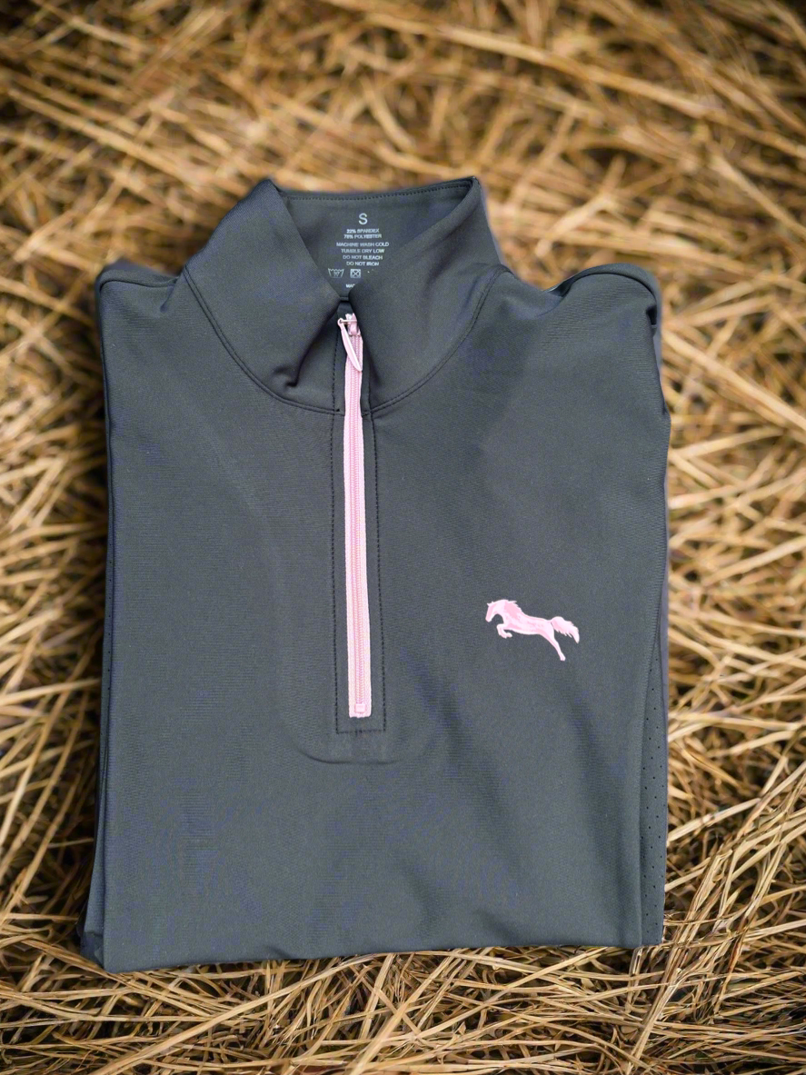 EQUESTRIAN 𝐁𝐀𝐒𝐄 𝐋𝐀𝐘𝐄𝐑 LONG SLEEVE | BLACK WITH BUBBLEGUM PINK ZIPPER TECHNICAL STRETCH