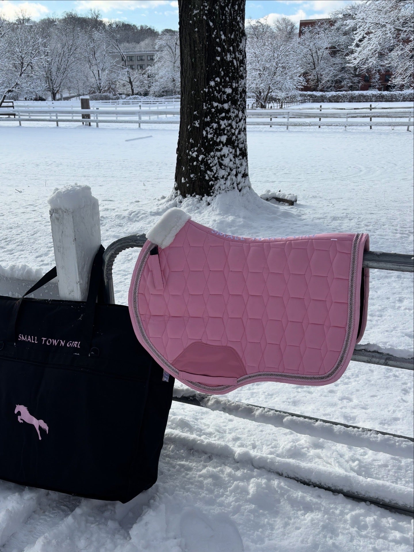 Babydoll Pink Suede Saddle Pad with Rhinestone Trim & Pink Faux Leather Patch