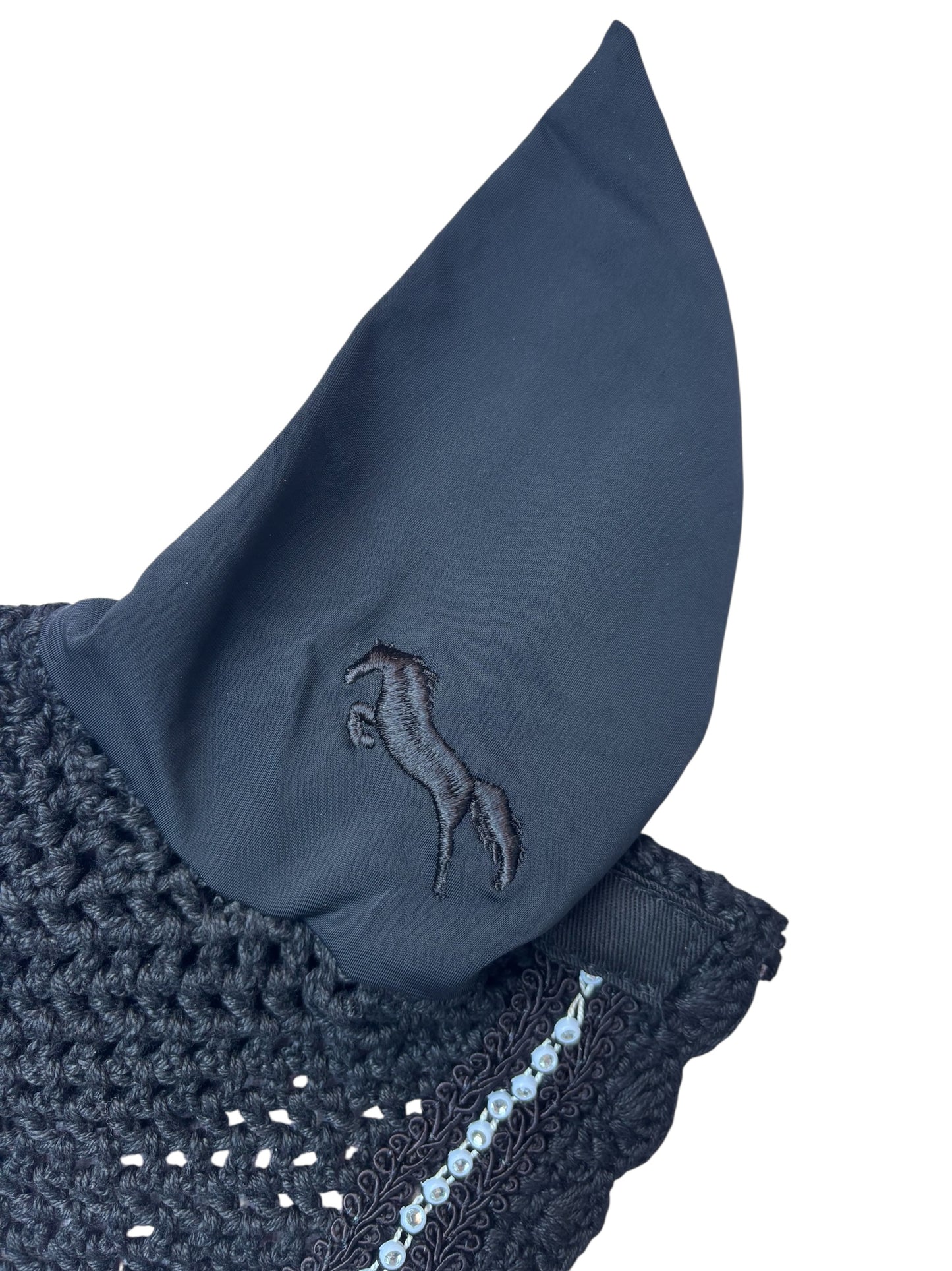 Midnight Black Ear Bonnet -Rhinestone Trim